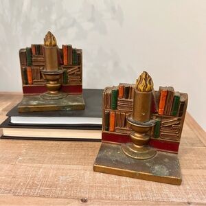 Vintage Bookends Painted Brass Volumes & Candlelight Books Candlesticks Library